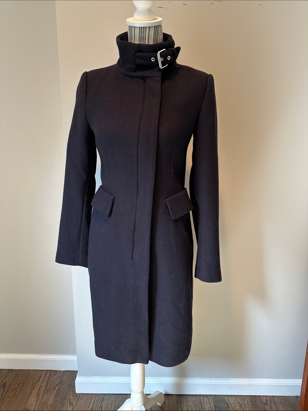 Zara Black Long Trench Coat with Buckle Collar